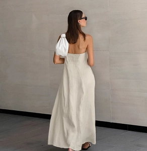 Detail of the elastic shirred back design on this khaki linen blend tube dress for women
