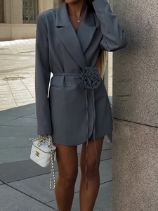 Fashionable grey long-sleeve blazer dress with waist flower and belt for women