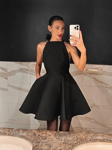 French Sexy Halter Neck Backless Black Mini Dress Elegant High Waist Sleeveless A-Line Satin Dress With Large Bow For Women