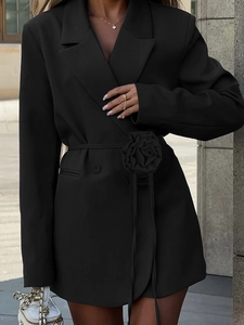 Elegant black long-sleeve blazer dress with floral belt for women's autumn fashion