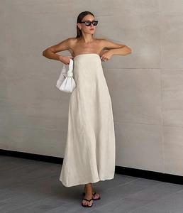 Elegant strapless khaki linen maxi dress in A-line silhouette for summer vacation wear