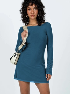 Detail of teal off-shoulder mini dress featuring ruffled mesh layers and slim fit design