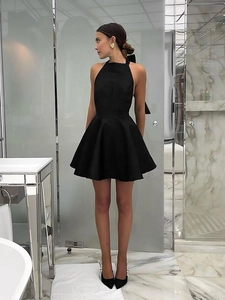 French chic halter neck backless black high waist sleeveless mini dress for women