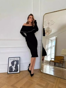 Elegant French off-shoulder long sleeve black bodycon midi dress with ruffled edges