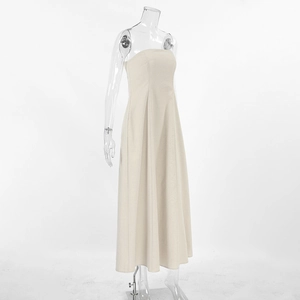 Detail view of khaki cotton linen strapless dress with a sleek A-line silhouette