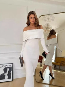 Elegant white off-shoulder long sleeve dress with black wavy trim and slim fit design