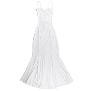 Close-up of white mermaid dress showing delicate floral jacquard fabric and thin straps