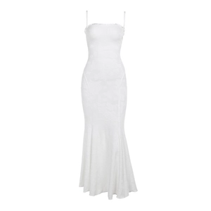 Detail of white jacquard fabric and delicate ruffle neckline on slim fit long dress