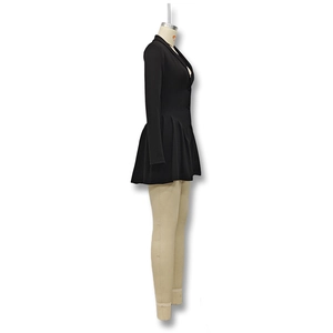 Side view of a black long-sleeve dress with V-neckline and pleated skirt detail