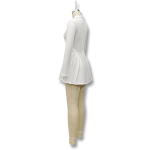 Side view detail of long sleeve pleated white mini dress with a deep V-neck and button closure
