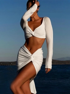 Women Long Sleeve V-Neck Twist Knot Top And High Waist Side Split Skirt Solid Color Sexy Slim Fit Beach Vacation Top And Bottom