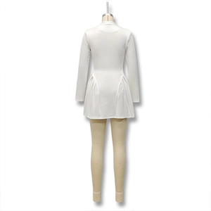 Back view of white long sleeve mini dress with a cinched waist and pleated hem design