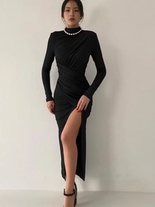 Women Mock Neck Ruched Slit Maxi Dress Elegant Long Sleeve Slim Fit Solid Color Bodycon Party Dress Evening Formal Gown