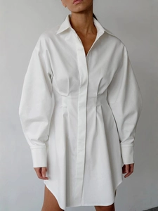 Robe Chemise Décontractée pour Femmes Couleur Unie Plis à la Taille Manches Longues Ligne A Midi Boutonnée Mélange de Coton