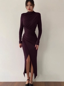Elegant deep purple long sleeve high neck bodycon dress with side slit and waist ruching
