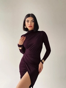 Elegant deep purple mock neck long sleeve dress with waist ruching and high side slit