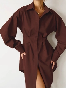 Robe chemise trapèze marron café avec plis à la taille et manches longues pour femme