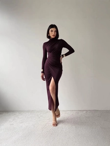 Deep purple long sleeve ruched midi dress with high neck and side slit detailing