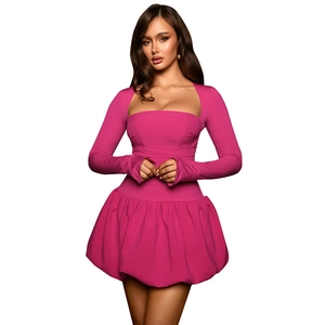 Detail of rose pink mini dress featuring puff bubble skirt and elegant square neckline