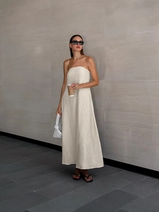 Women Elegant Cotton Linen Tube Dress Strapless Smocked Back A-Line Maxi Dress with Pockets Solid Color Vacation Sun Dress