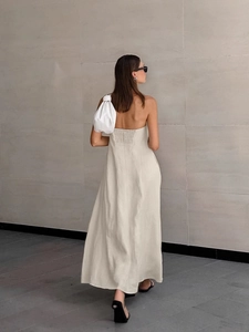 Elegant khaki cotton linen strapless maxi dress with elastic back design for vacation