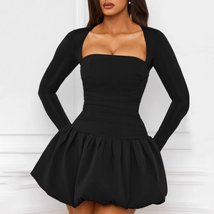 Detail of square neck long sleeve mini dress with bubble skirt and ruched bodice in black