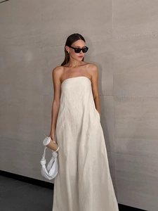 Chic strapless linen blend maxi dress in khaki with minimalist A-line cut for summer