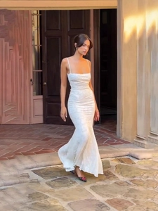 Elegant white square neck backless maxi dress with thin straps and mermaid hemline