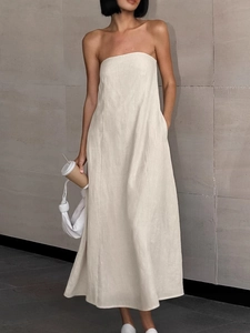 Sexy khaki cotton linen tube top maxi dress with a minimalist A-line silhouette for summer