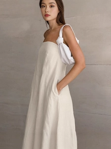 Sleeveless khaki linen maxi dress for women with side pockets and minimalist tube design