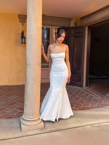 Elegant white square neck jacquard mermaid maxi dress with open back and thin straps