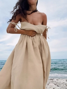 Französisches Retro Khaki Baumwolle Leinen Atmungsaktives Camisole Kleid Hohe Taille V-Ausschnitt Ärmellos A-Linie Maxirock Damen