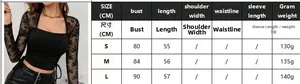 Detailed size chart for square neck lace long sleeve top showing bust and length metrics