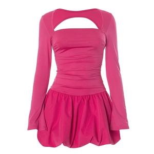 Detail of rose red long sleeve mini dress featuring front hollow design and pleated waist