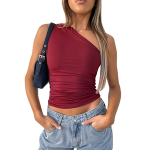 Detail of burgundy one-shoulder top featuring stylish side ruching and slim fit texture