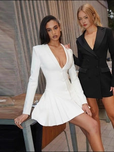 Elegant long sleeve deep V-neck blazer dress with pleated skirt in black and white