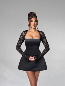 Damen Sexy Spitze Patchwork Langarm Mini Kleid Eckiger Ausschnitt Elegant Hohe Taille Satin A-Linie Party Bodycon Kleid