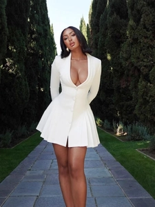 Elegant white long sleeve mini dress with deep V-neck and pleated skirt for women
