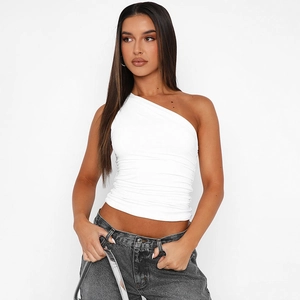 Detail of white one-shoulder ruched slim fit tank top with soft knitted texture