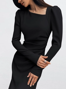 Elegant black bodycon midi dress with square neck and puff sleeves for a slim fit look