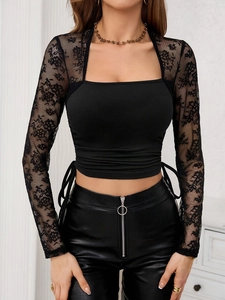 Elegant square neck long sleeve knit top with floral lace patchwork and side drawstring