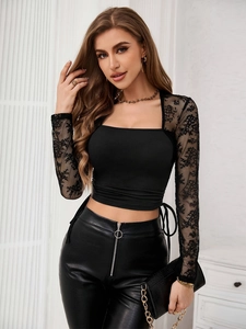 Elegant Women Square Neck Lace Patchwork Slim Fit Long Sleeve Crop Top Side Drawstring Sexy Party Fashion Knit Blouse Black