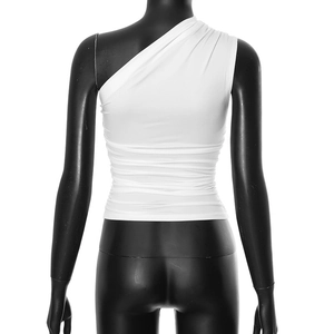 Back view detail of white one-shoulder slim fit tank top with ruched waist texture