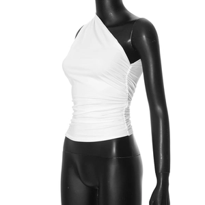 Detail view of white one-shoulder tank top with side ruching on a mannequin