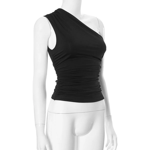 Detail of the black one-shoulder ribbed top featuring side ruched pleated texture