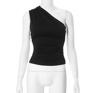 Detail view of black one-shoulder slim tank top featuring stylish side pleated textures