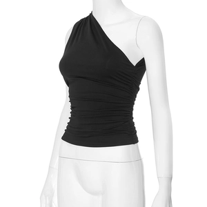 Detail view of the ruched side texture and asymmetrical one-shoulder black slim fit tank top