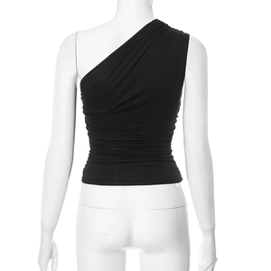 Rear view detail of black one-shoulder slim fit tank top with elegant ruched texture