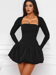 Sexy black long sleeve mini dress with square neckline and slim fit flared skirt