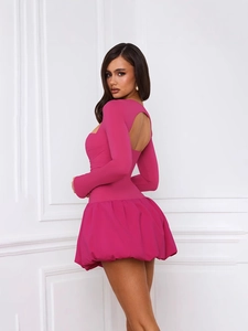 Hot pink long sleeve mini dress with sexy back cutout and puff bubble skirt style